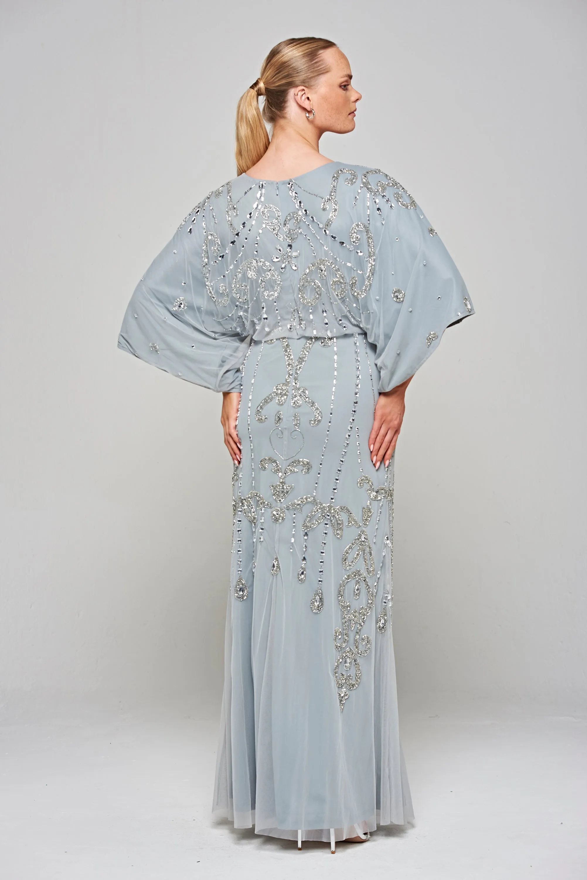 Christine Light Grey Embellished Maxi Dress with Batwing Sleeves