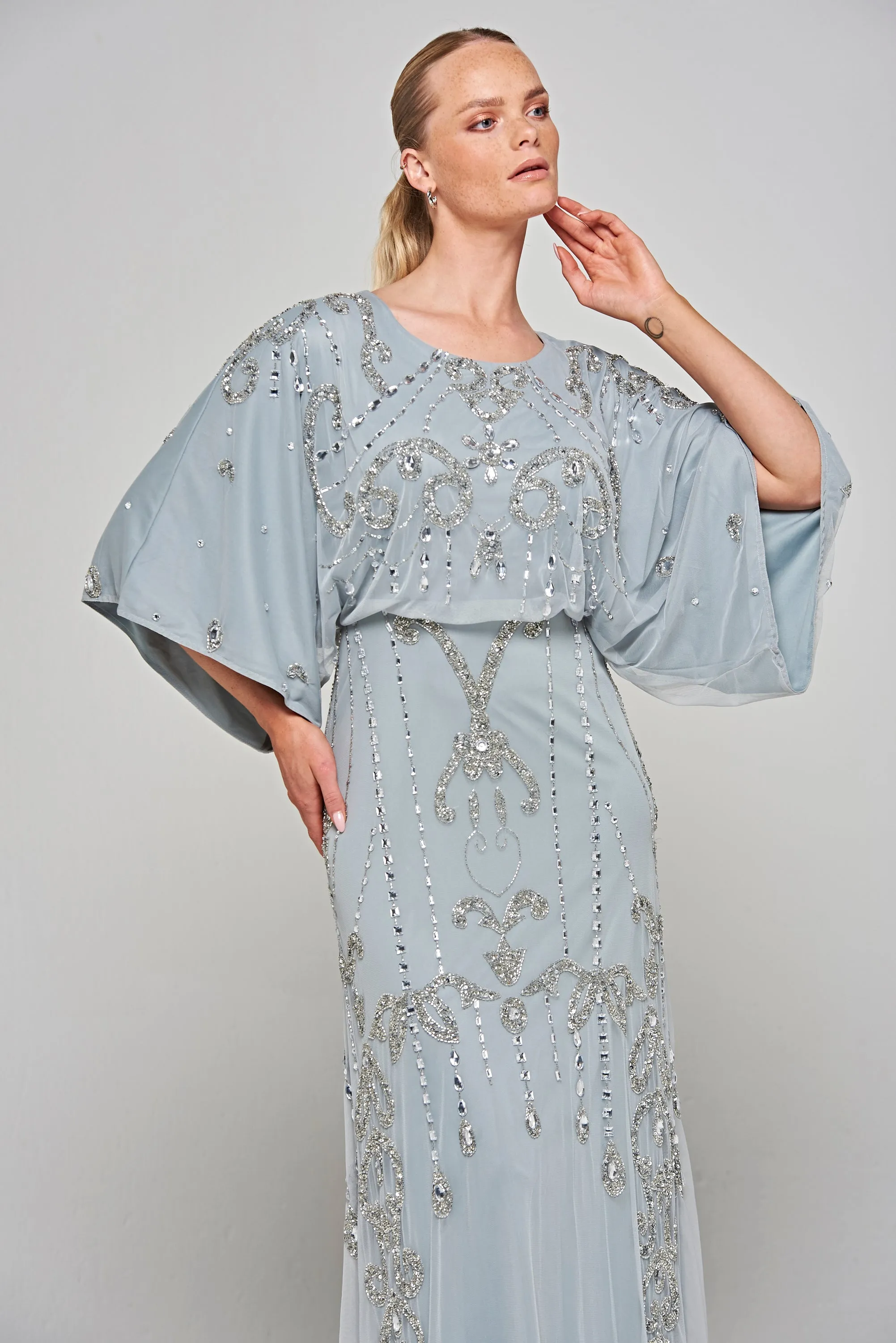 Christine Light Grey Embellished Maxi Dress with Batwing Sleeves