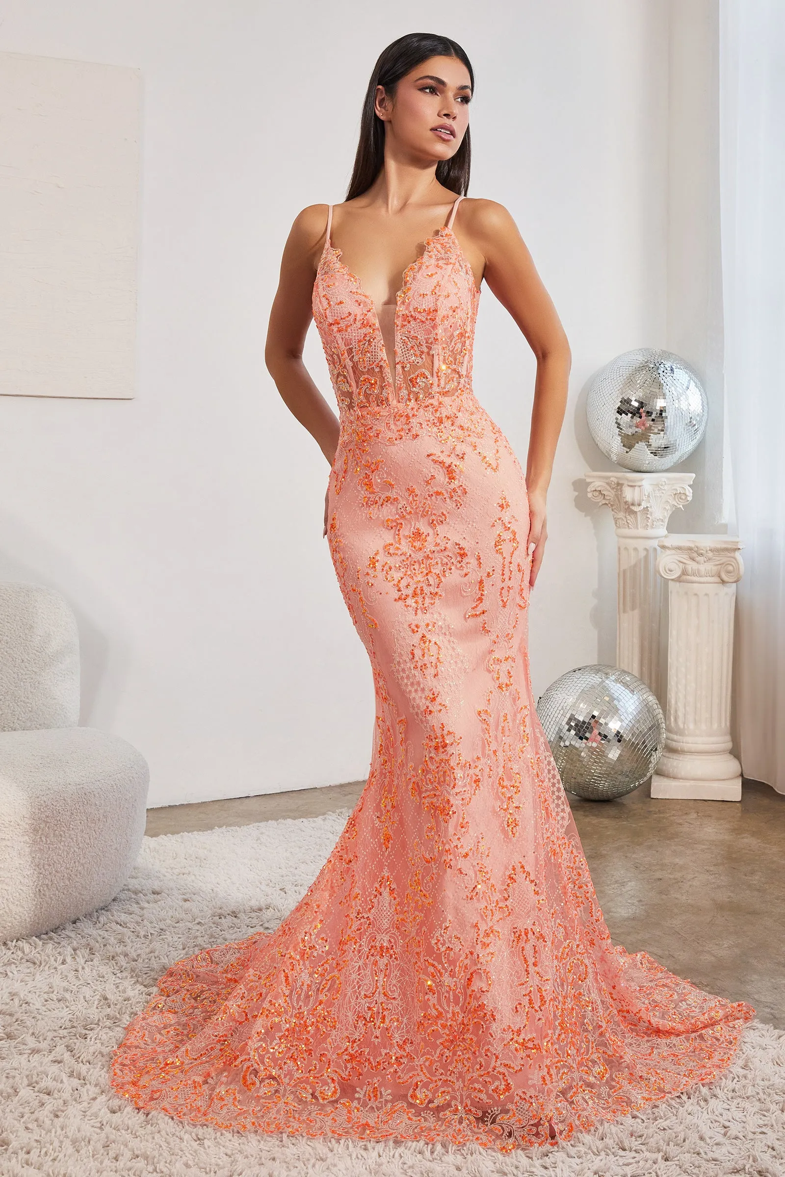 CINDERELLA DIVINE CC2189 Fitted Glitter Sleeveless V-Neck Gown