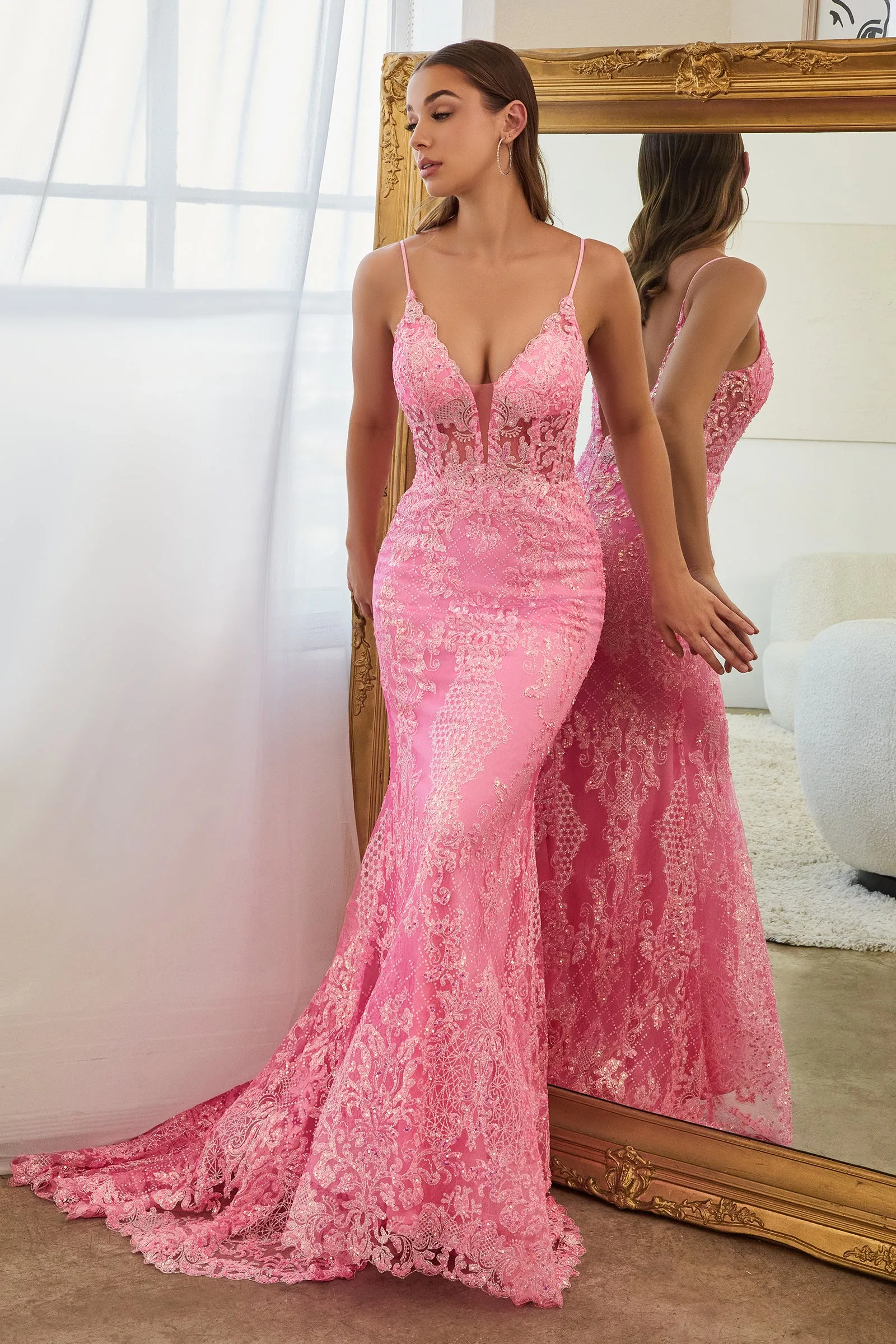 CINDERELLA DIVINE CC2189 Fitted Glitter Sleeveless V-Neck Gown