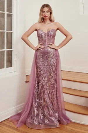 CINDERELLA DIVINE J845 Fitted Strapless Gown with Tulle Overskirt