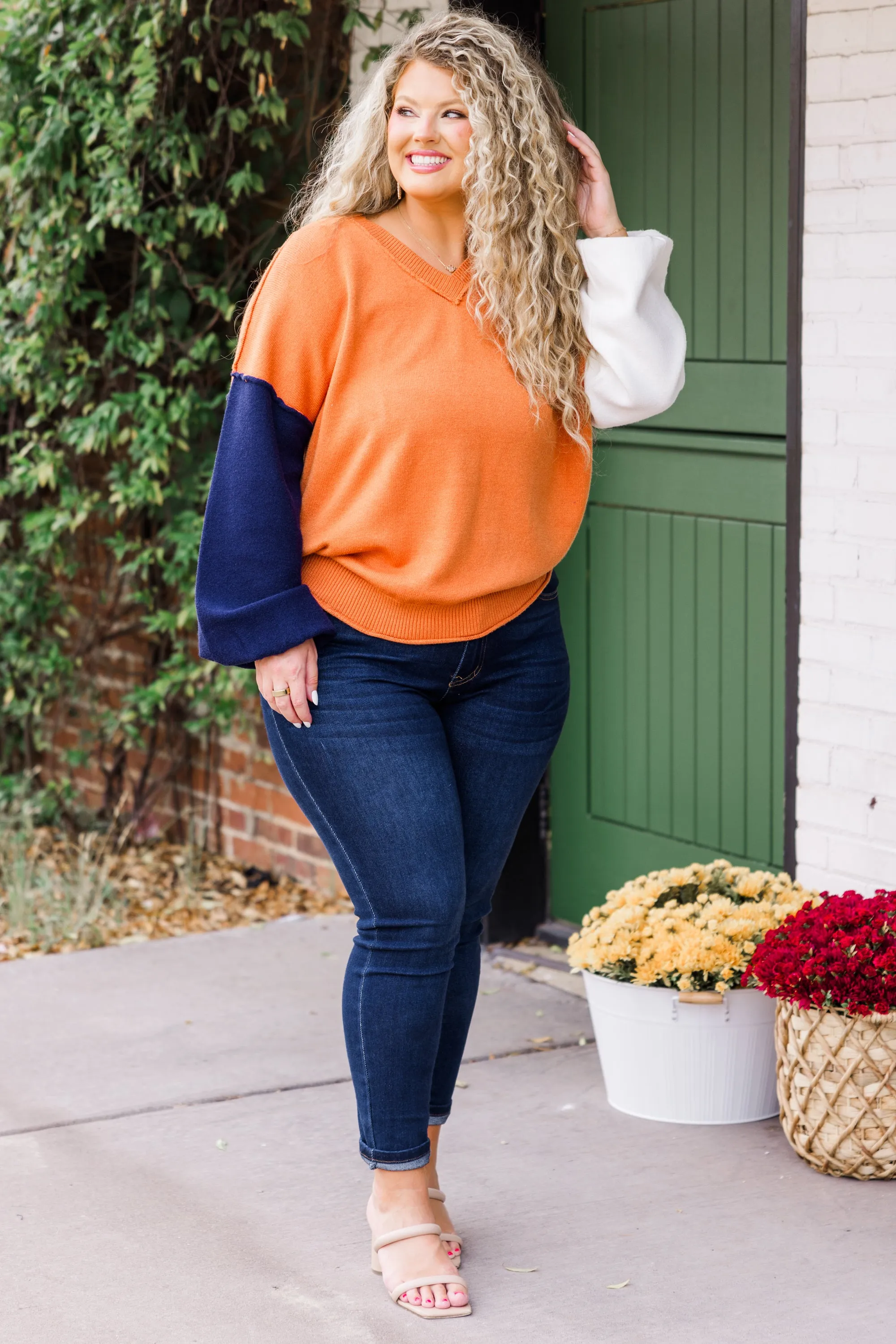 Color Mix Cozy Sweater, Copper-Ivory-Navy