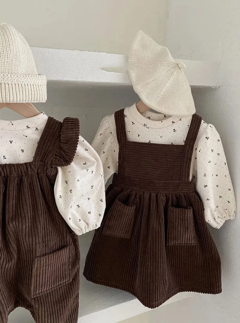 Corduroy Pinafore Dress Set with Knit Top for Girls