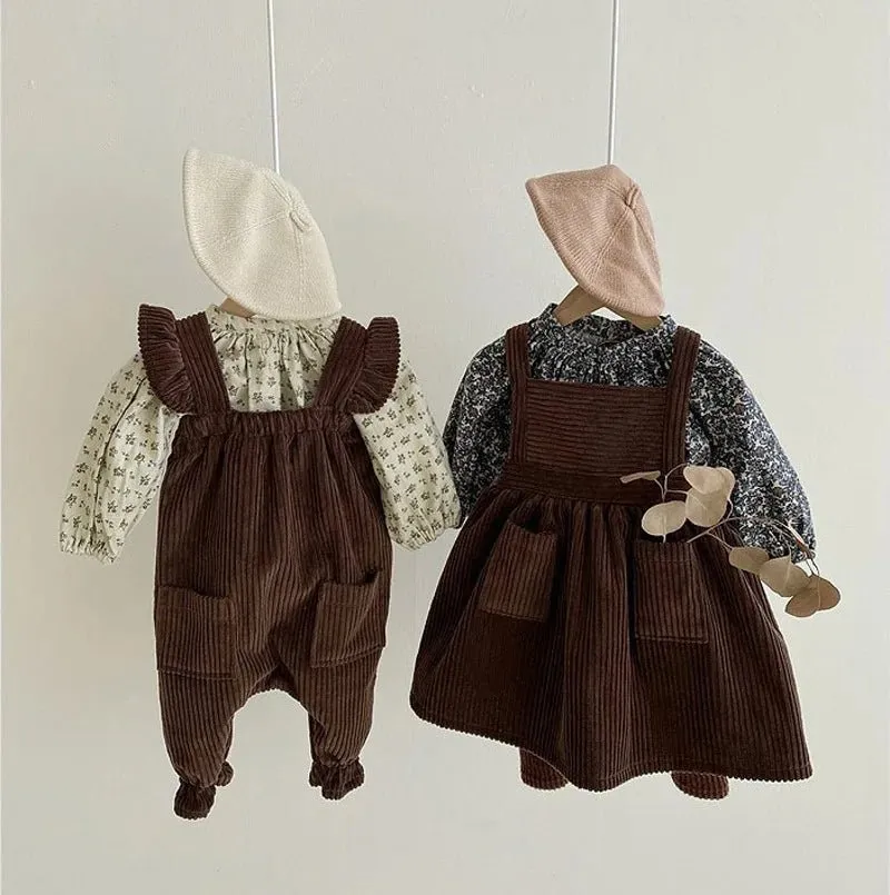 Corduroy Pinafore Dress Set with Knit Top for Girls