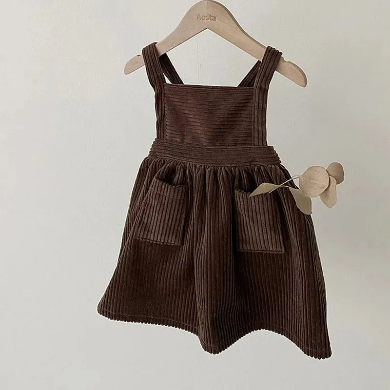 Corduroy Pinafore Dress Set with Knit Top for Girls