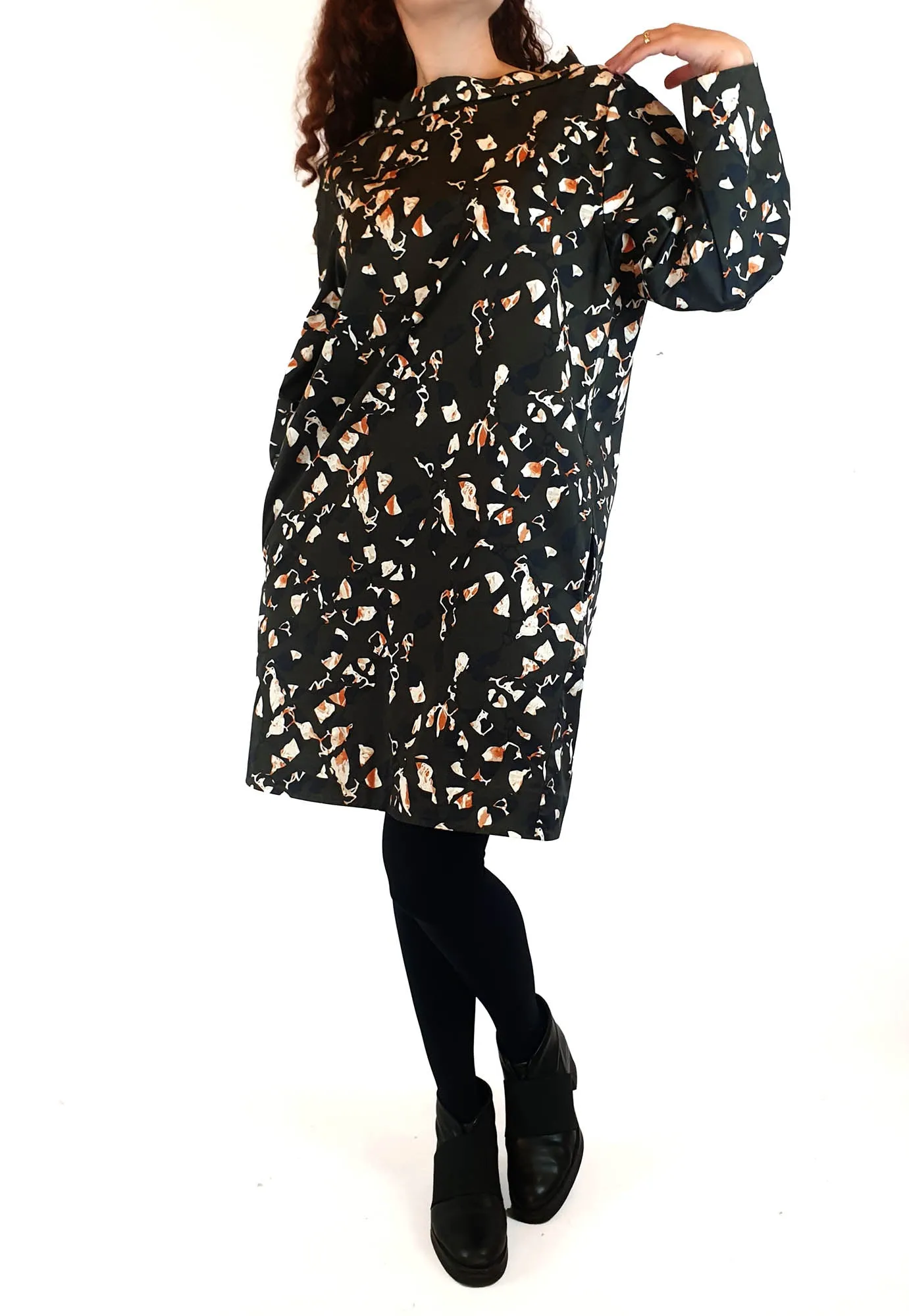 Cos dark green long sleeve dress with unique and pretty print size S (best fits 10)