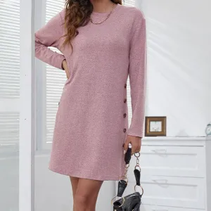 Crew Neck Women Casual Simple Button Long Sleeve Dress Wholesale