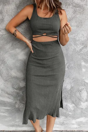 Cutout Scoop Neck Slit Midi Dress