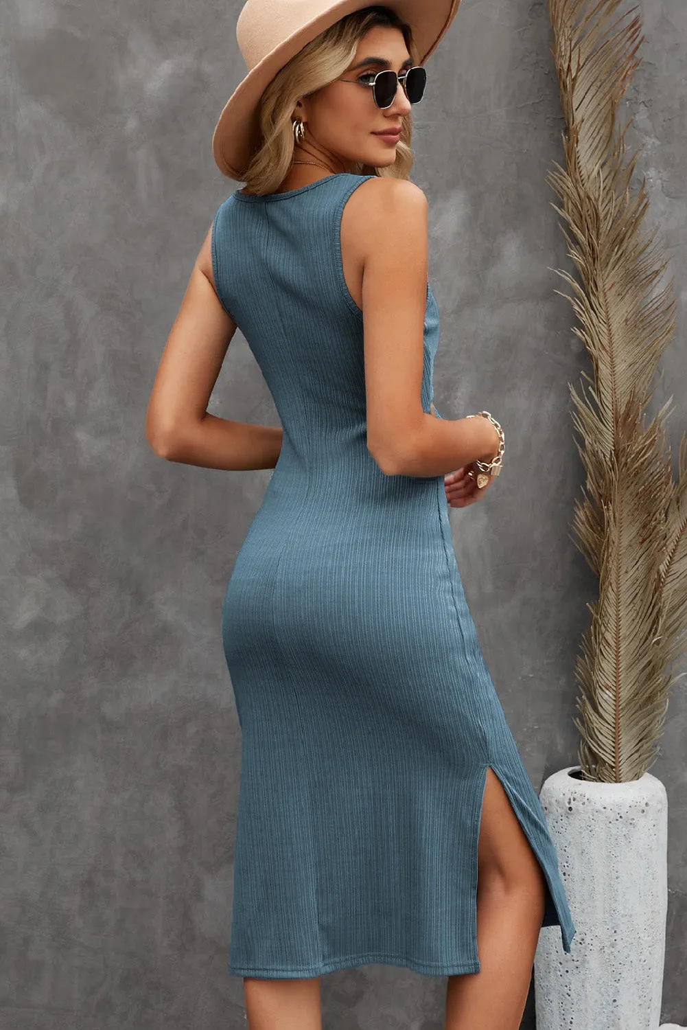 Cutout Scoop Neck Slit Midi Dress
