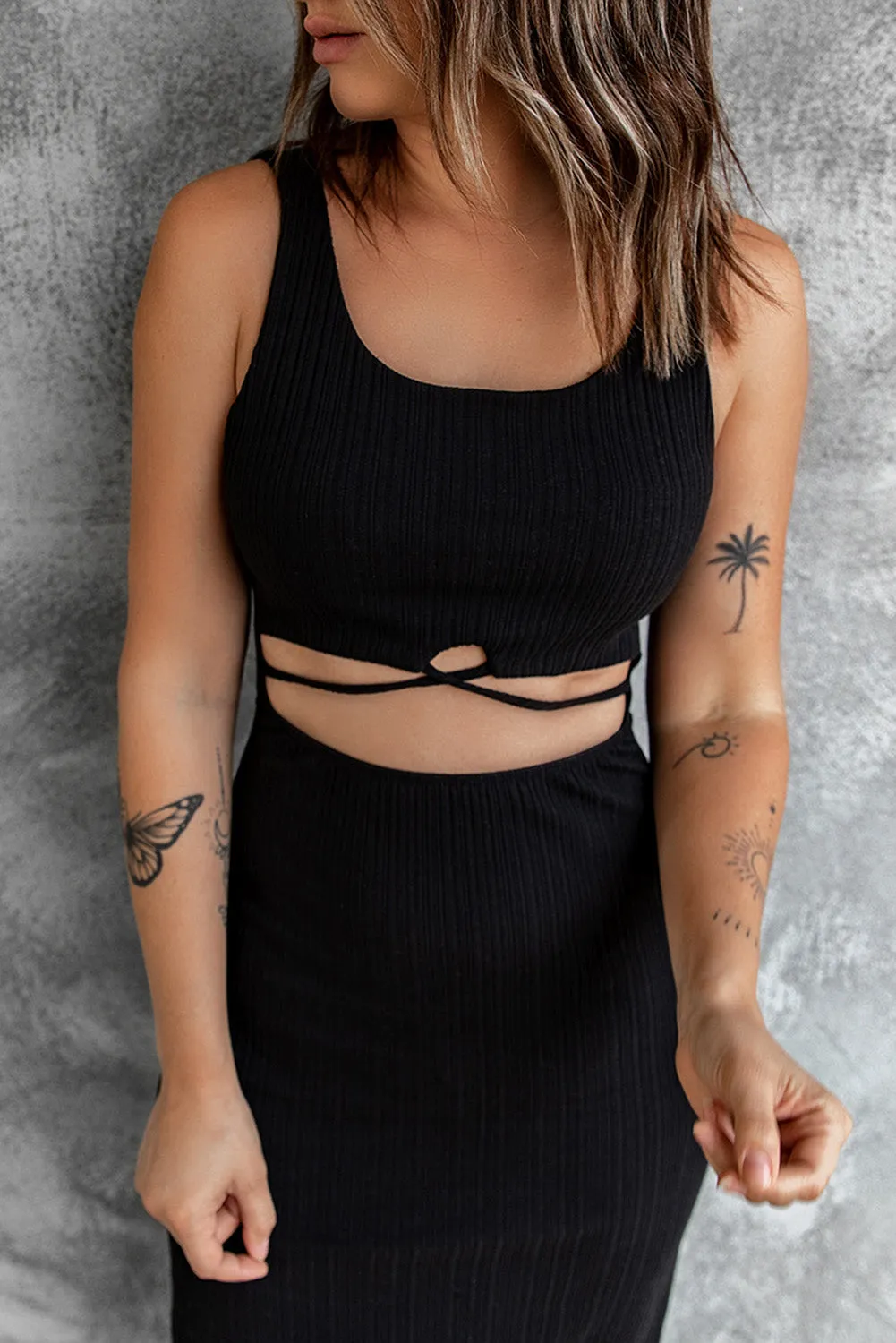 Cutout Scoop Neck Slit Midi Dress