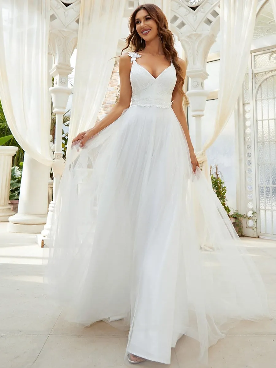 Double V Neck Lace Bodice Floor Length Tulle Wedding Dress