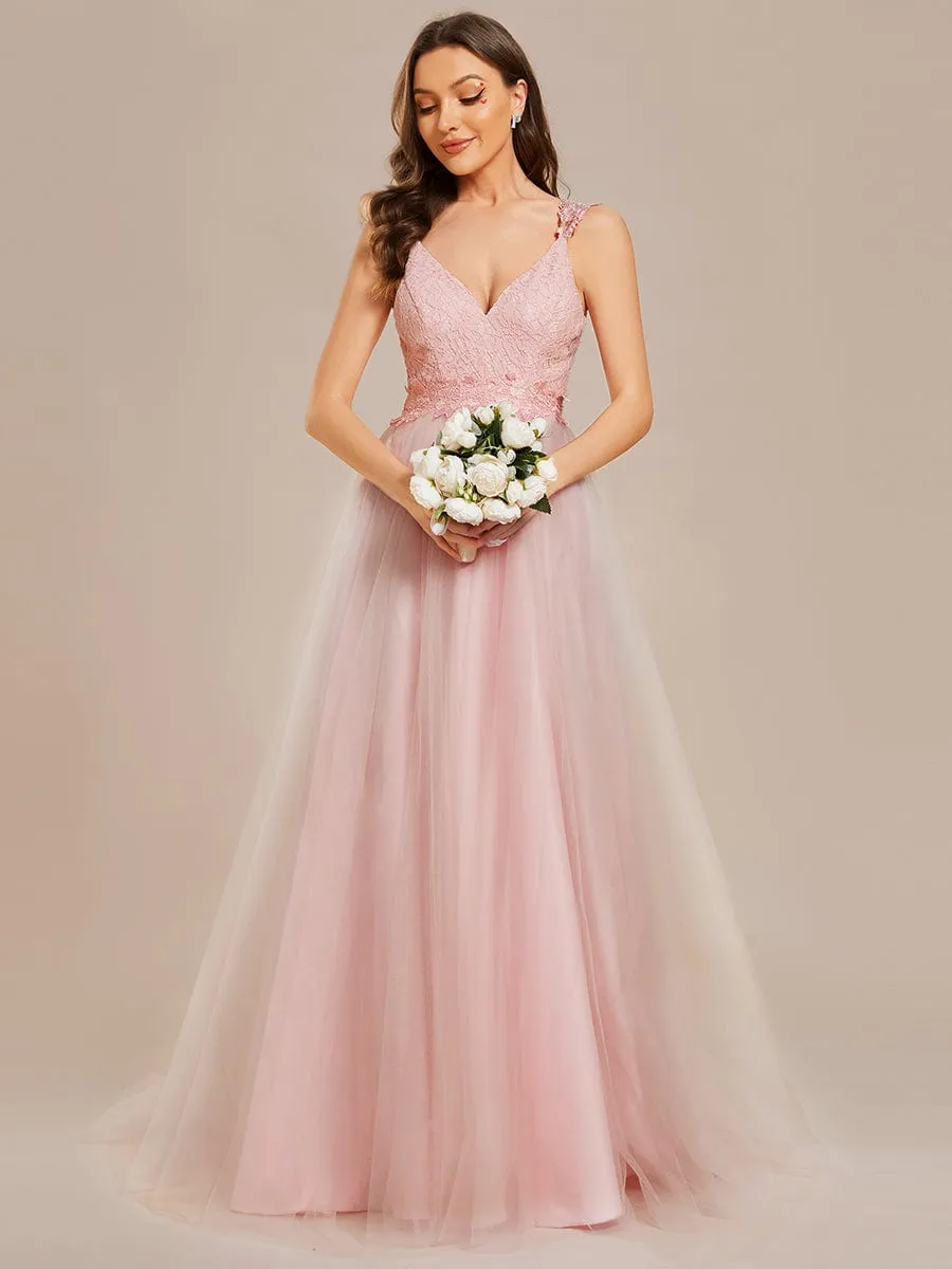 Double V Neck Lace Bodice Floor Length Tulle Wedding Dress