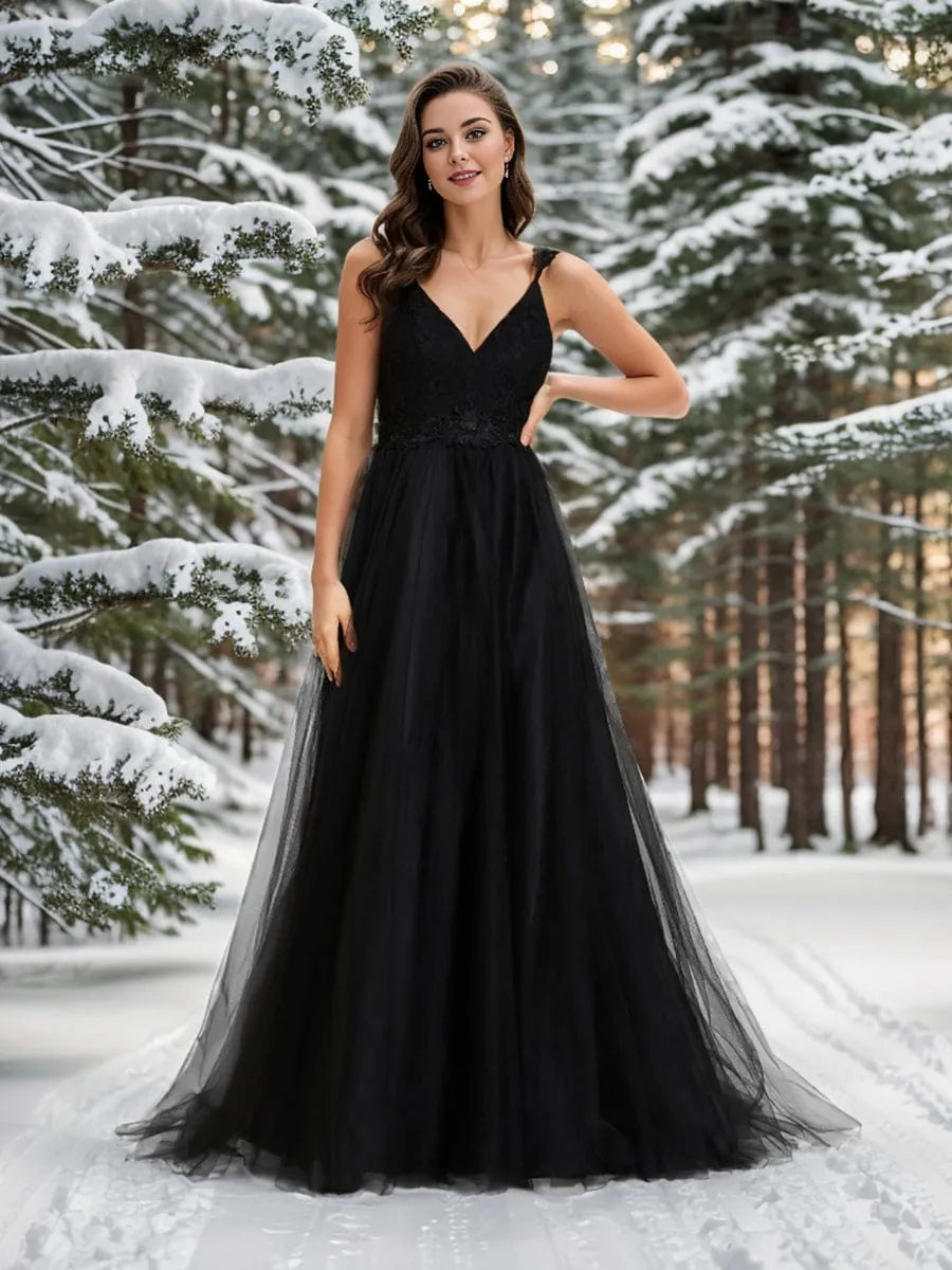 Double V Neck Lace Bodice Floor Length Tulle Wedding Dress