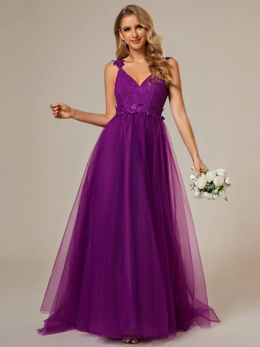 Double V Neck Lace Bodice Floor Length Tulle Wedding Dress