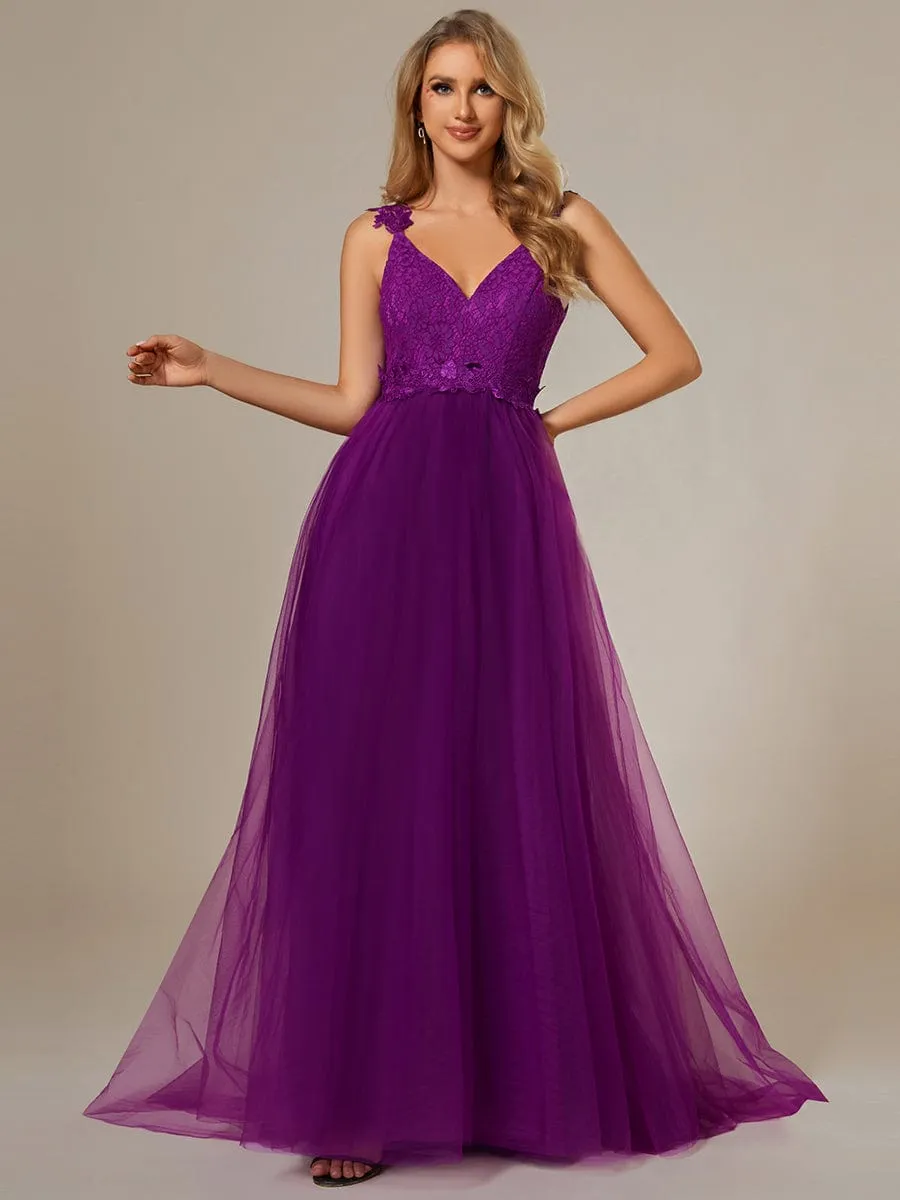 Double V Neck Lace Bodice Floor Length Tulle Wedding Dress
