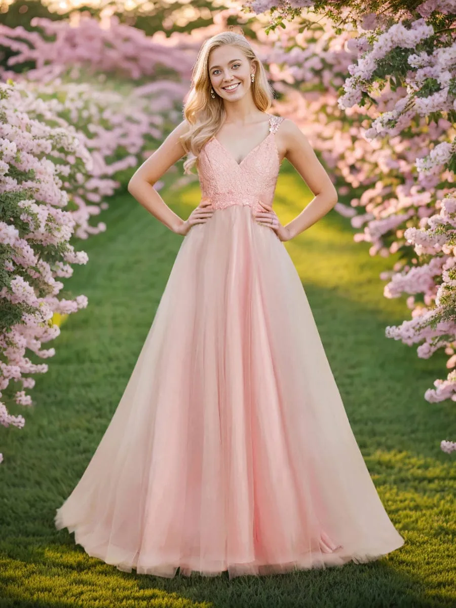 Double V Neck Lace Bodice Floor Length Tulle Wedding Dress