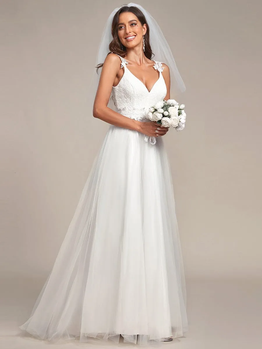 Double V Neck Lace Bodice Floor Length Tulle Wedding Dress
