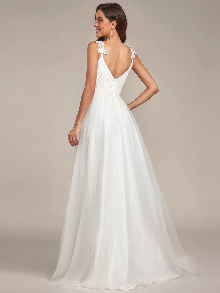 Double V Neck Lace Bodice Floor Length Tulle Wedding Dress