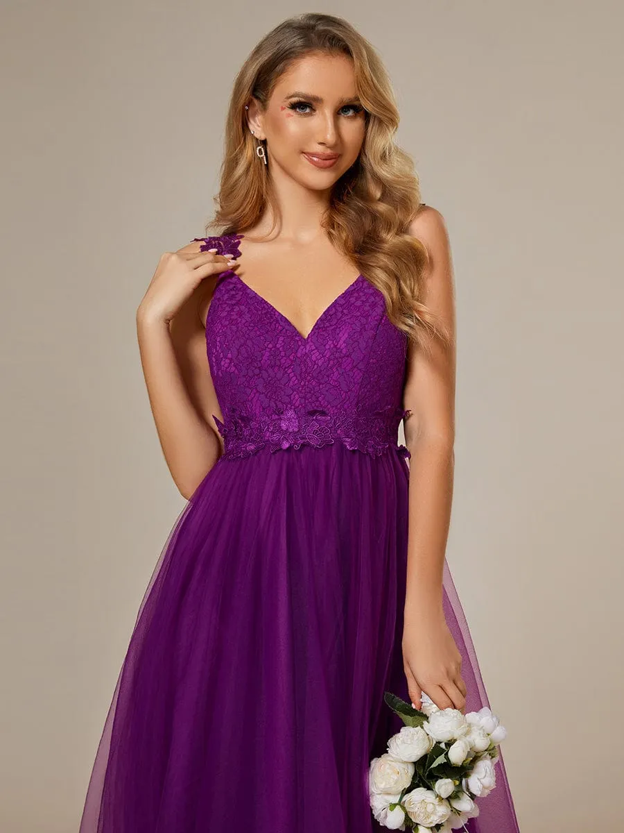 Double V Neck Lace Bodice Floor Length Tulle Wedding Dress