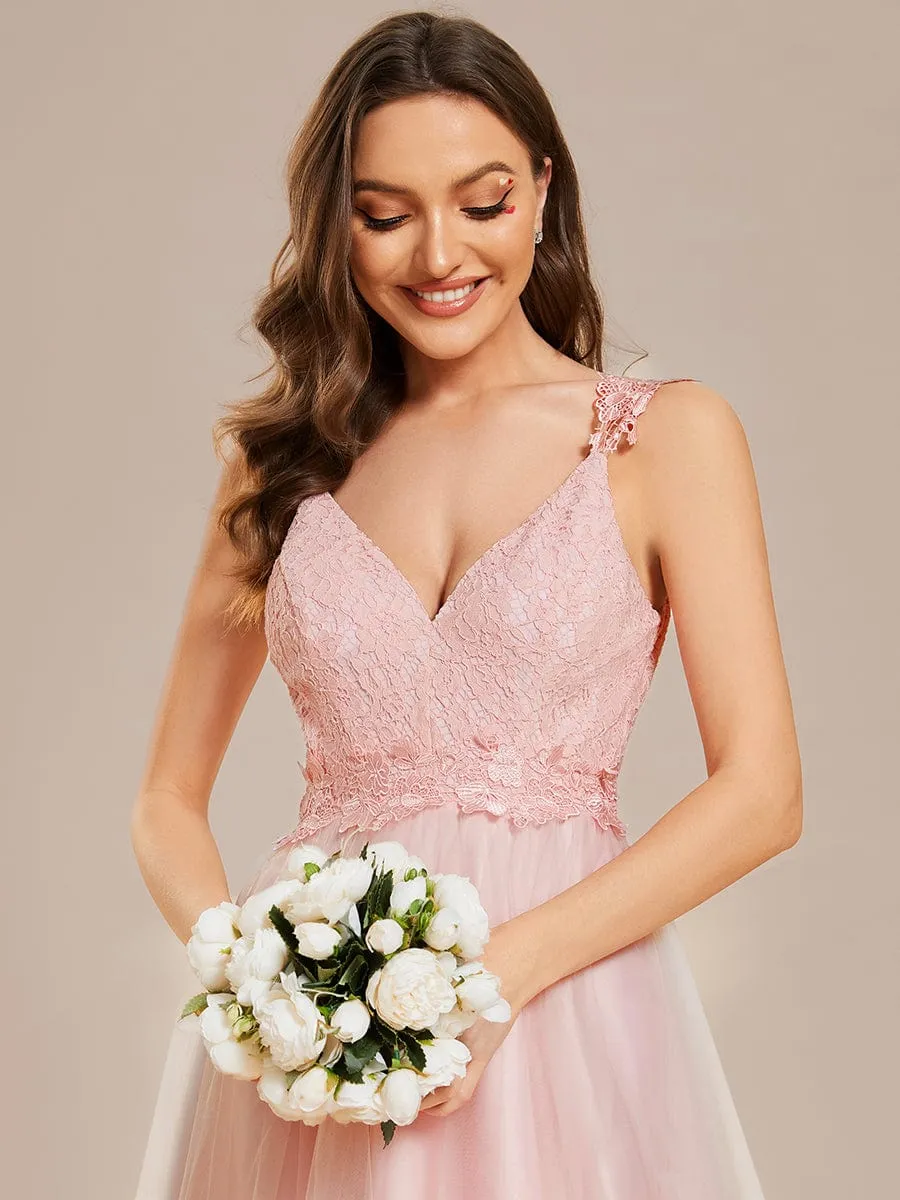 Double V Neck Lace Bodice Floor Length Tulle Wedding Dress