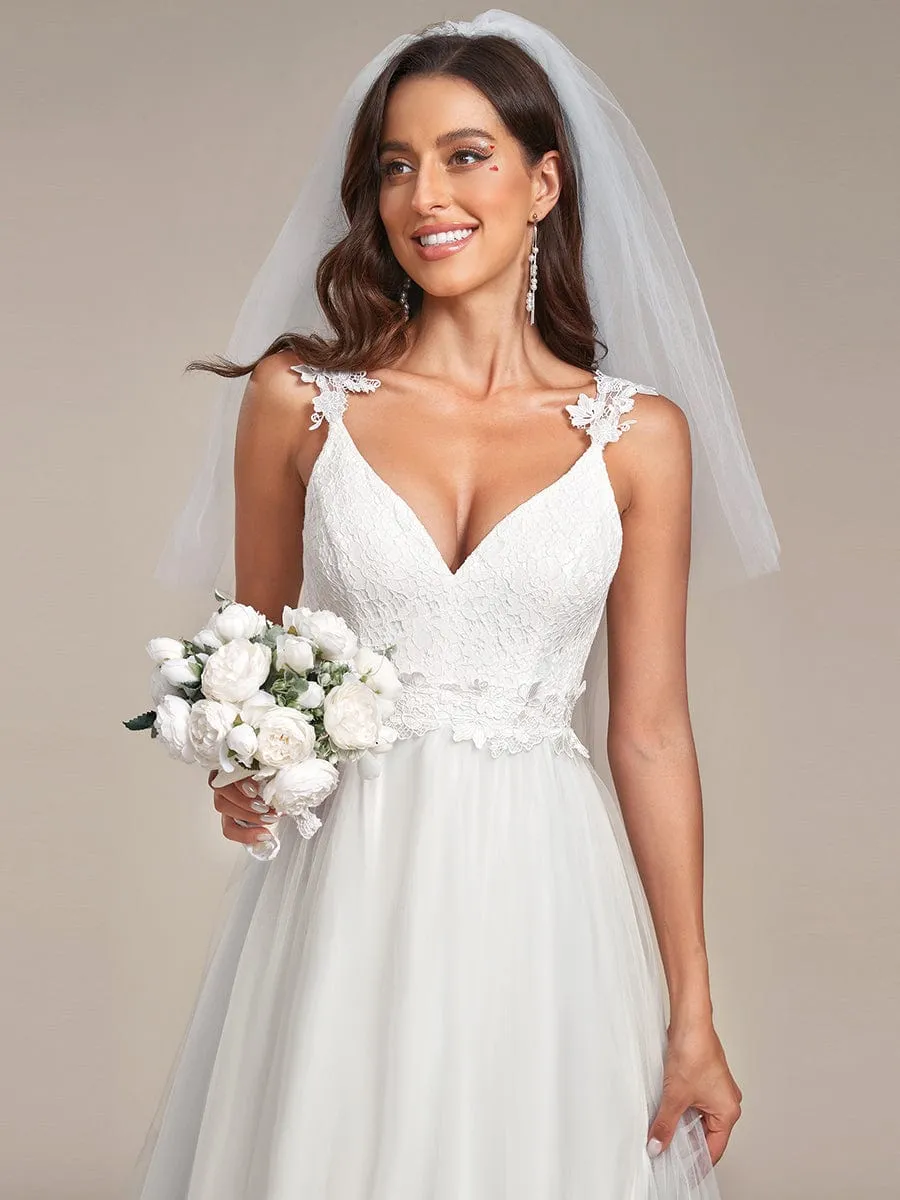 Double V Neck Lace Bodice Floor Length Tulle Wedding Dress