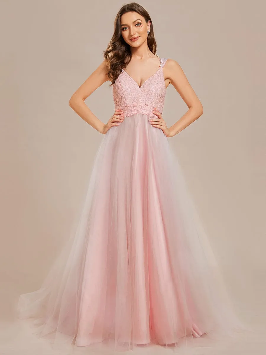 Double V Neck Lace Bodice Floor Length Tulle Wedding Dress