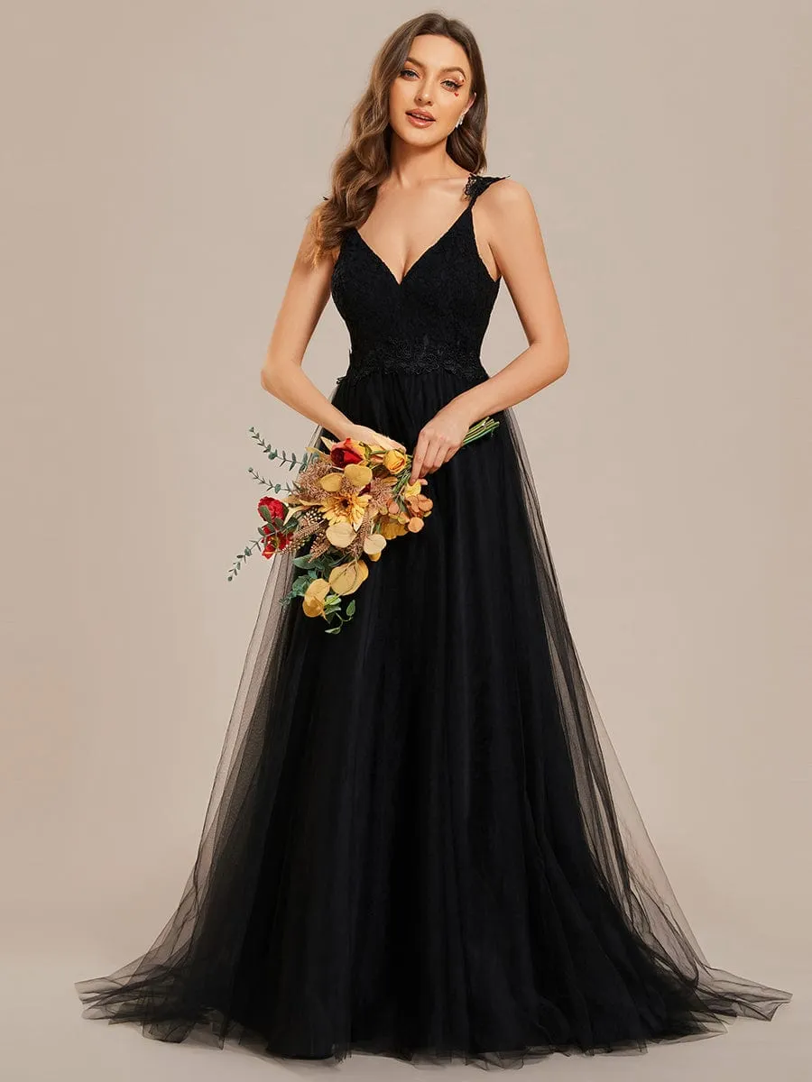 Double V Neck Lace Bodice Floor Length Tulle Wedding Dress
