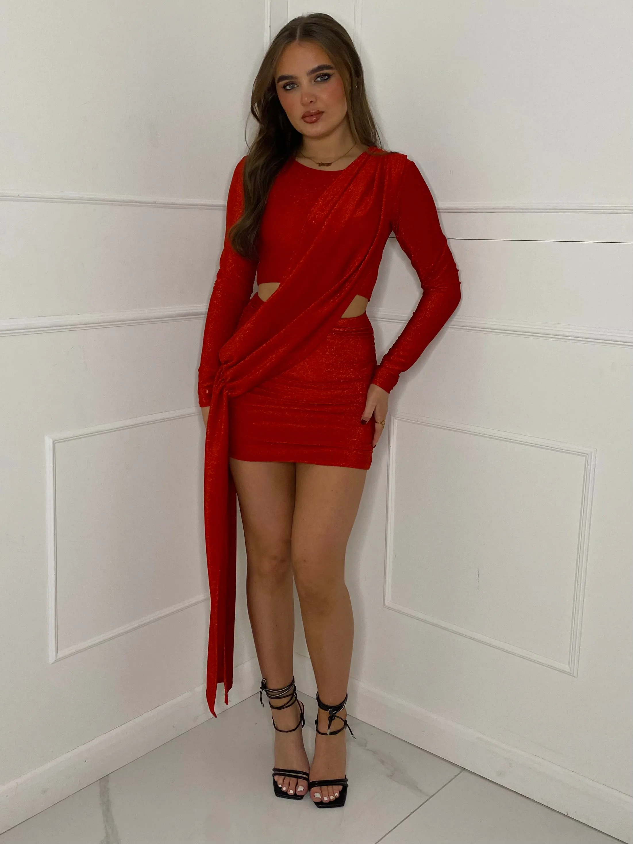 Drape Glitter Dress - Red Glitter