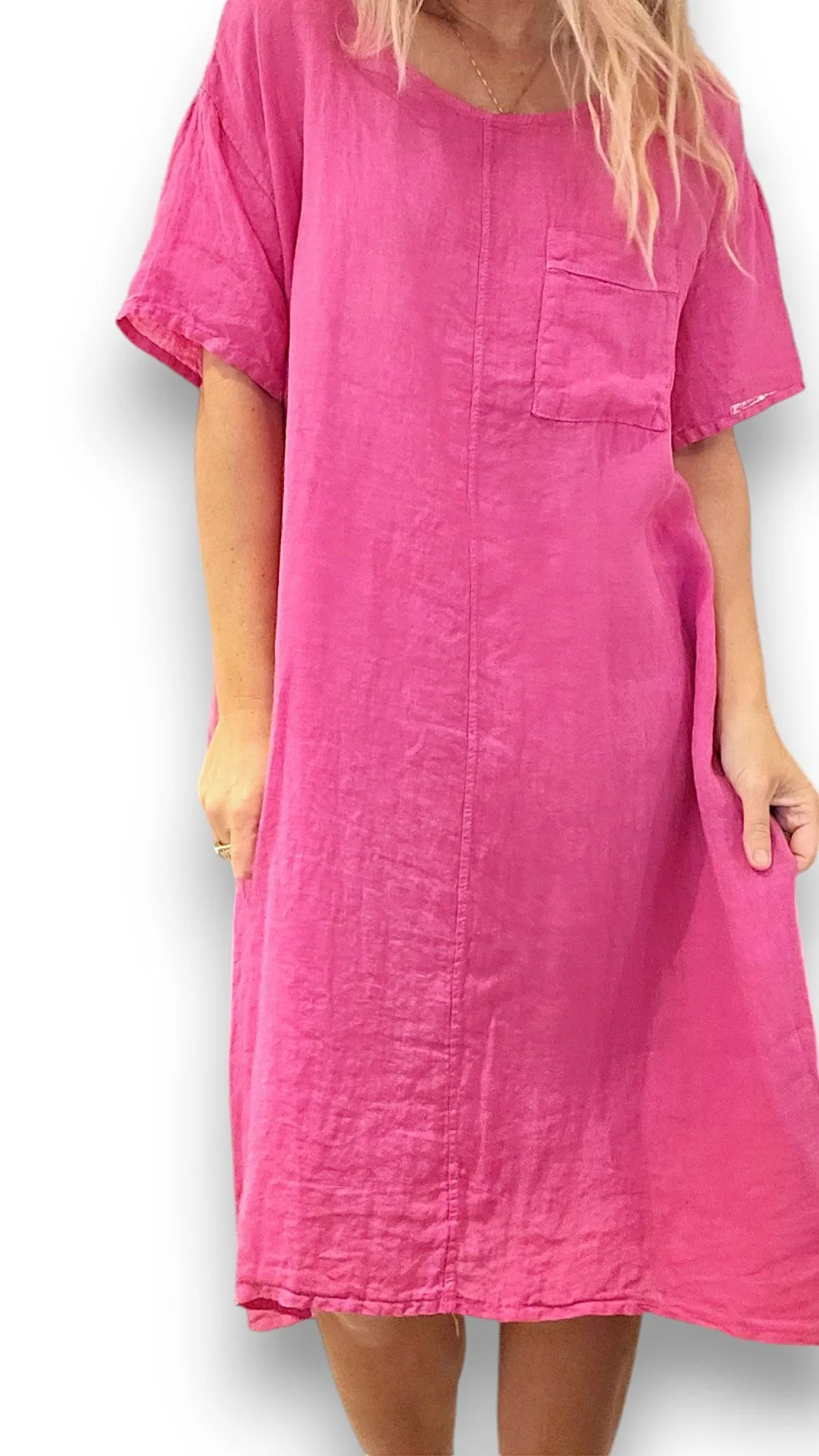 EASY PEASY TEE SHAPE LINEN DRESS HOT PINK