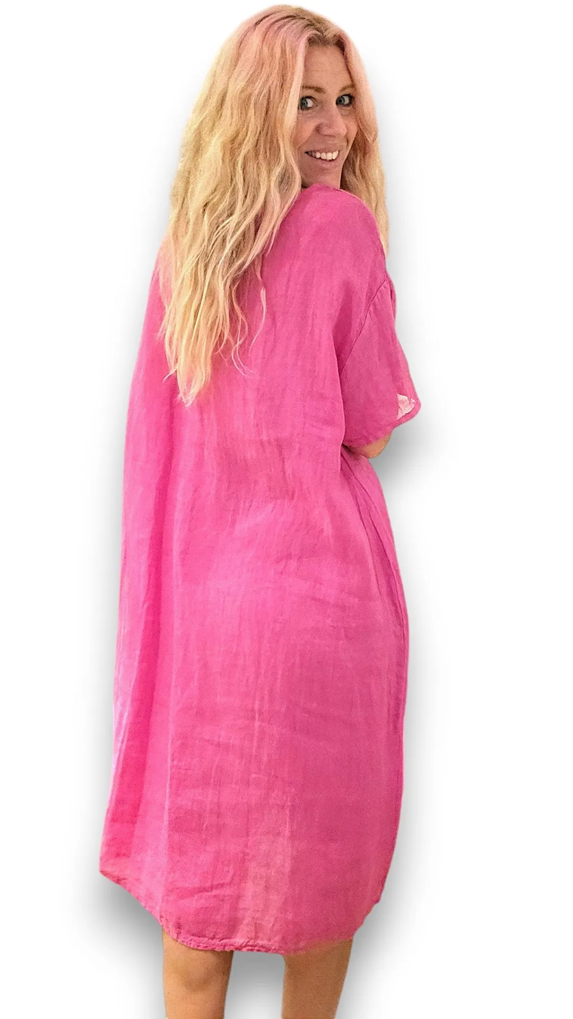 EASY PEASY TEE SHAPE LINEN DRESS HOT PINK