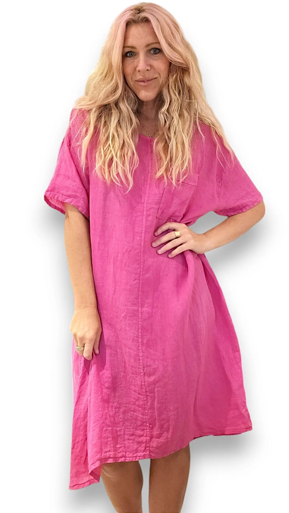 EASY PEASY TEE SHAPE LINEN DRESS HOT PINK