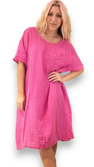 EASY PEASY TEE SHAPE LINEN DRESS HOT PINK