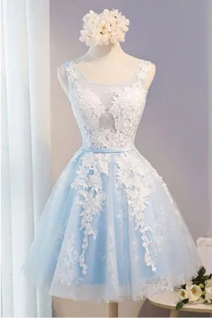 Elegant Light Blue And Ivory Lace Short Simple Homecoming Dress