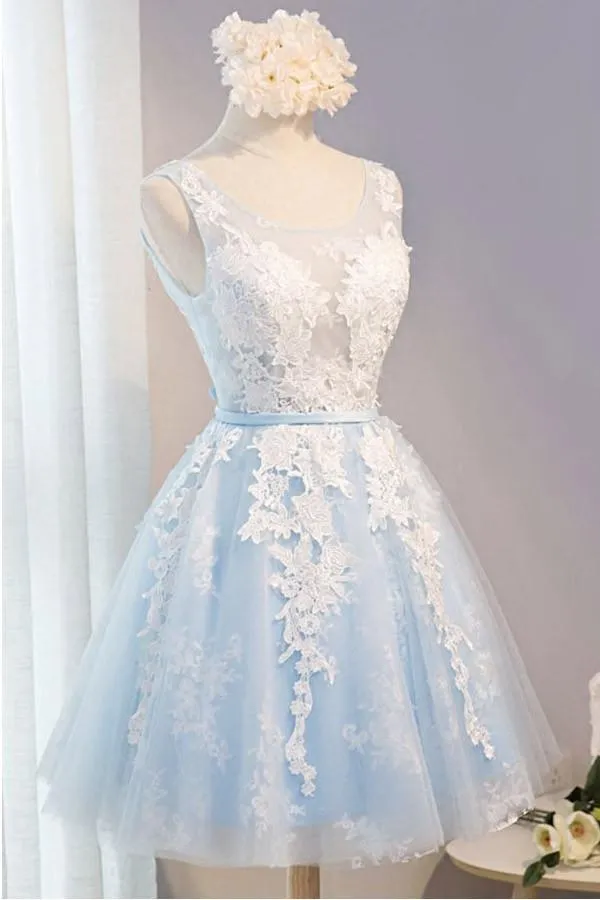 Elegant Light Blue And Ivory Lace Short Simple Homecoming Dress