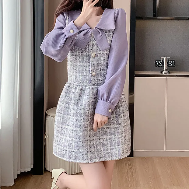 Elegant Purple Tweed Colorblock Dress