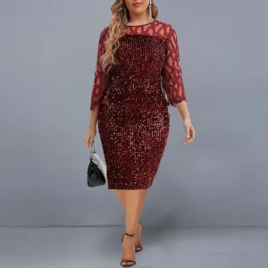 Elegant Sequin Evening Party Dresses 2022 Spring Mesh Patchwork Casual Midi Dress