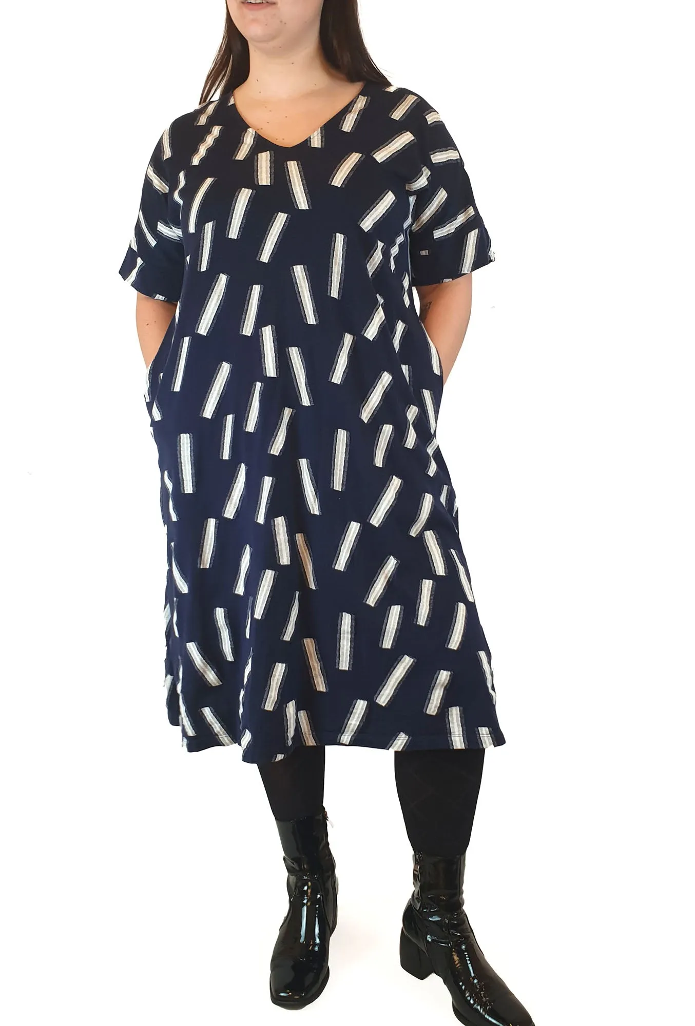 Elk navy dress with white stripe print size M/L, easily fits up to a size 16