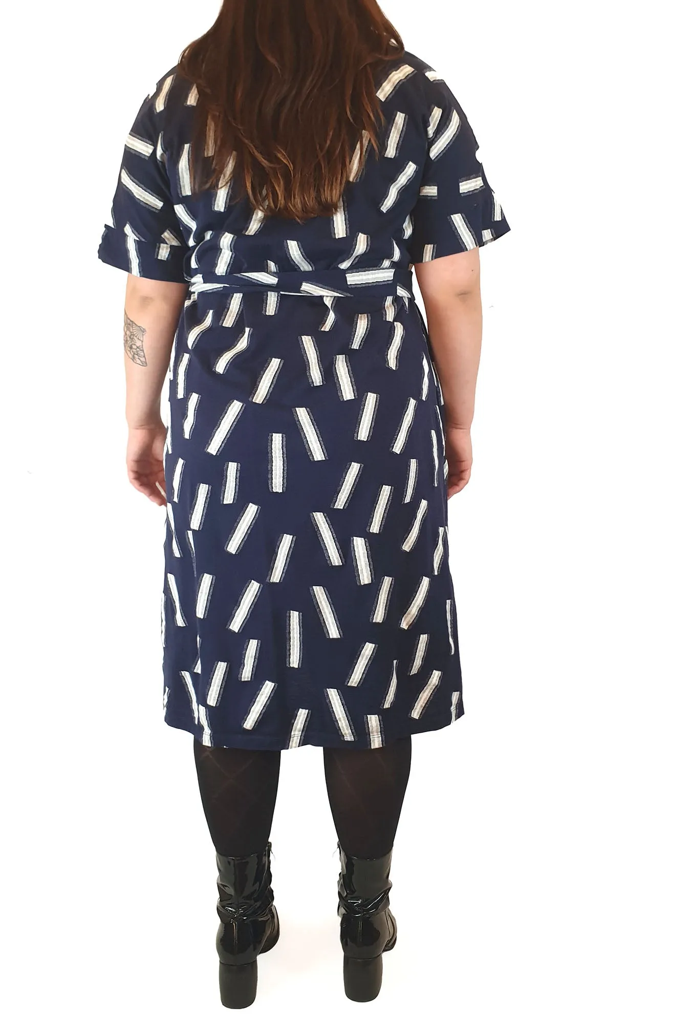 Elk navy dress with white stripe print size M/L, easily fits up to a size 16