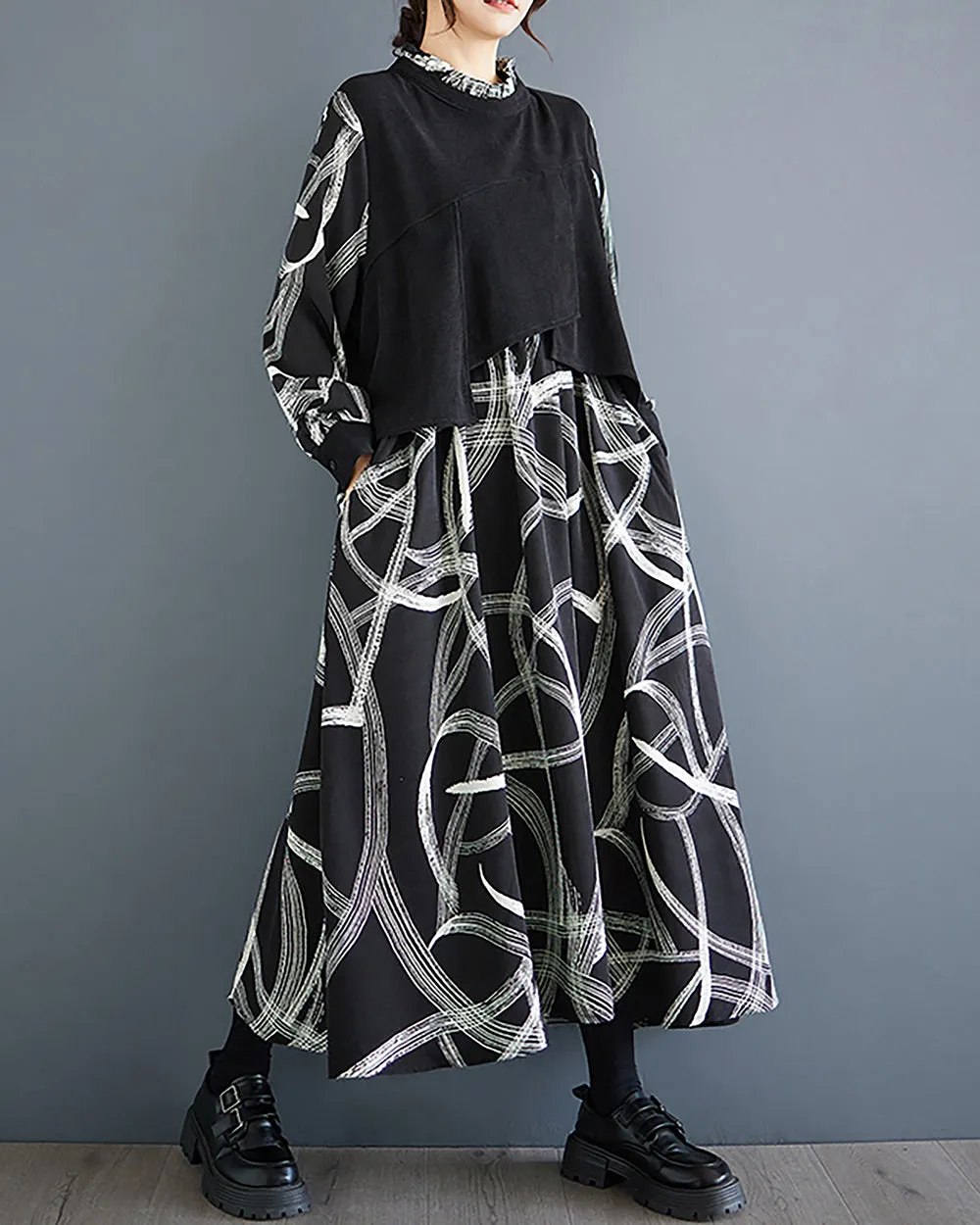 ellazhu Women's Dress Long Sleeve High Neck Random Strings Patchwork Black and White Pockets Loose GZ306