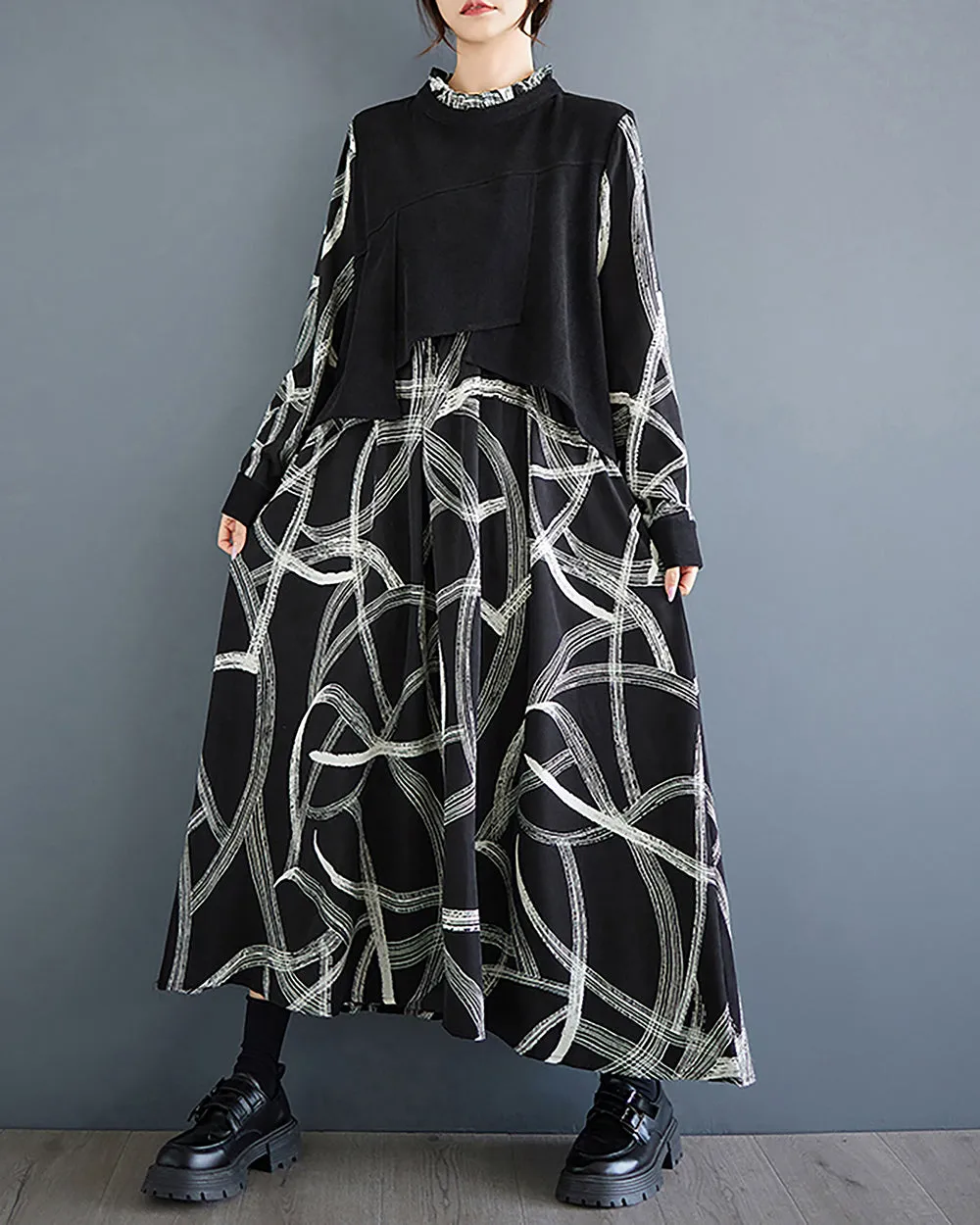 ellazhu Women's Dress Long Sleeve High Neck Random Strings Patchwork Black and White Pockets Loose GZ306