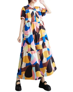 ellazhu Women's Short Sleeves Maxi Length Color Block Casual Shirt Dress GZ170 Yellow
