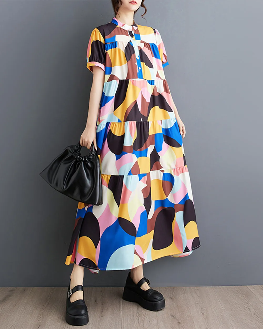 ellazhu Women's Short Sleeves Maxi Length Color Block Casual Shirt Dress GZ170 Yellow