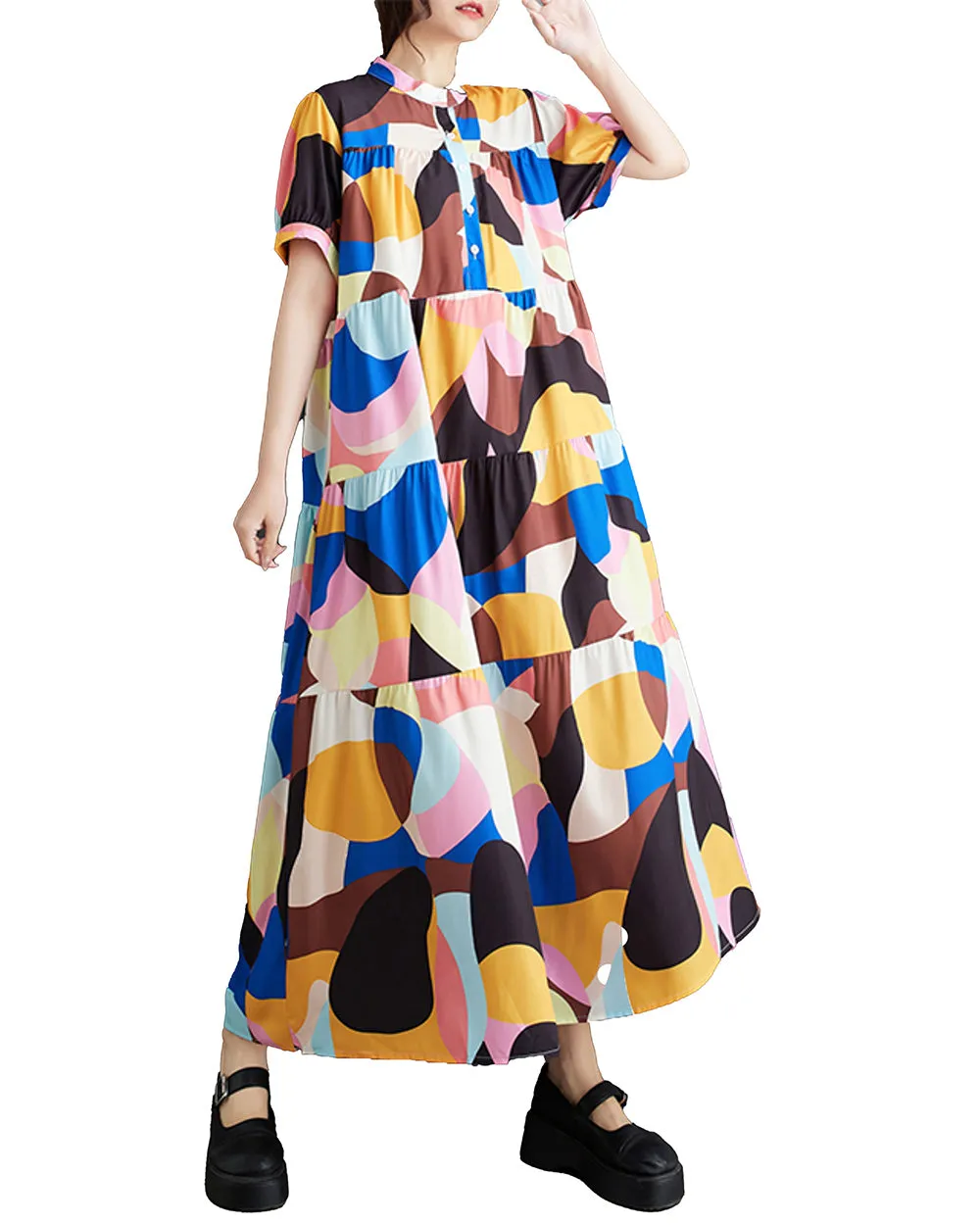 ellazhu Women's Short Sleeves Maxi Length Color Block Casual Shirt Dress GZ170 Yellow