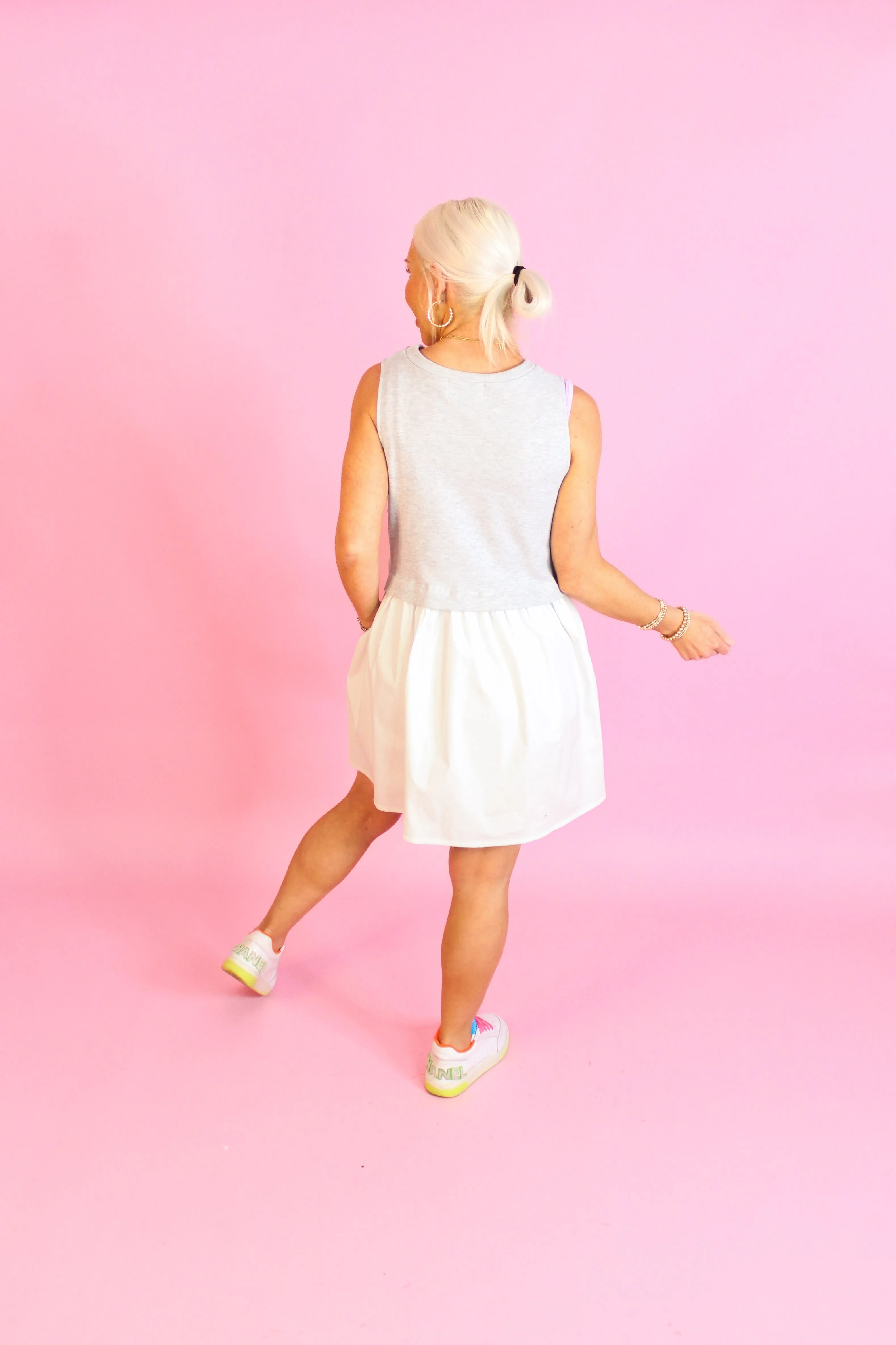 Ellie Gray and White Sleeveless Sweatshirt Top Mini Dress