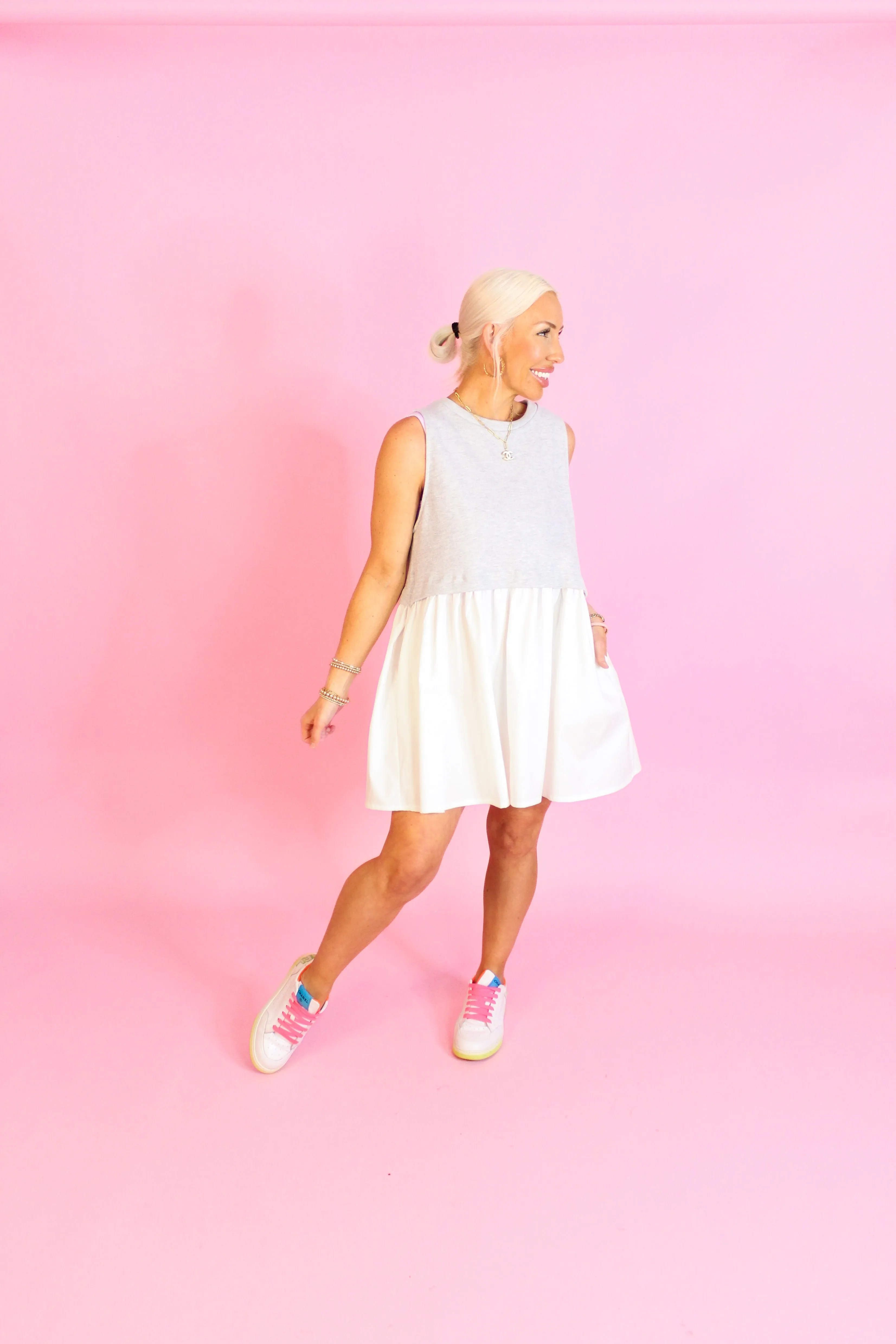Ellie Gray and White Sleeveless Sweatshirt Top Mini Dress
