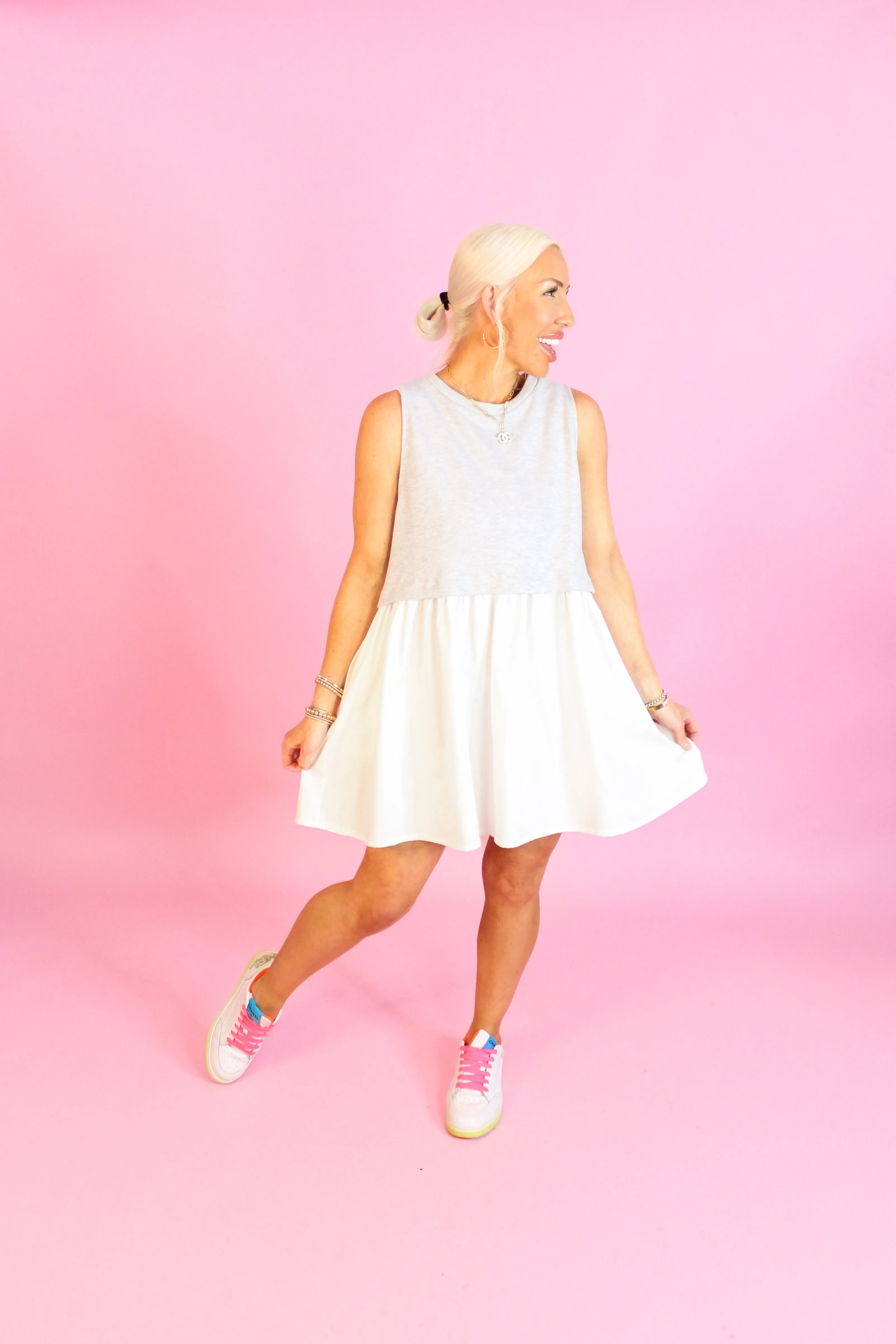 Ellie Gray and White Sleeveless Sweatshirt Top Mini Dress