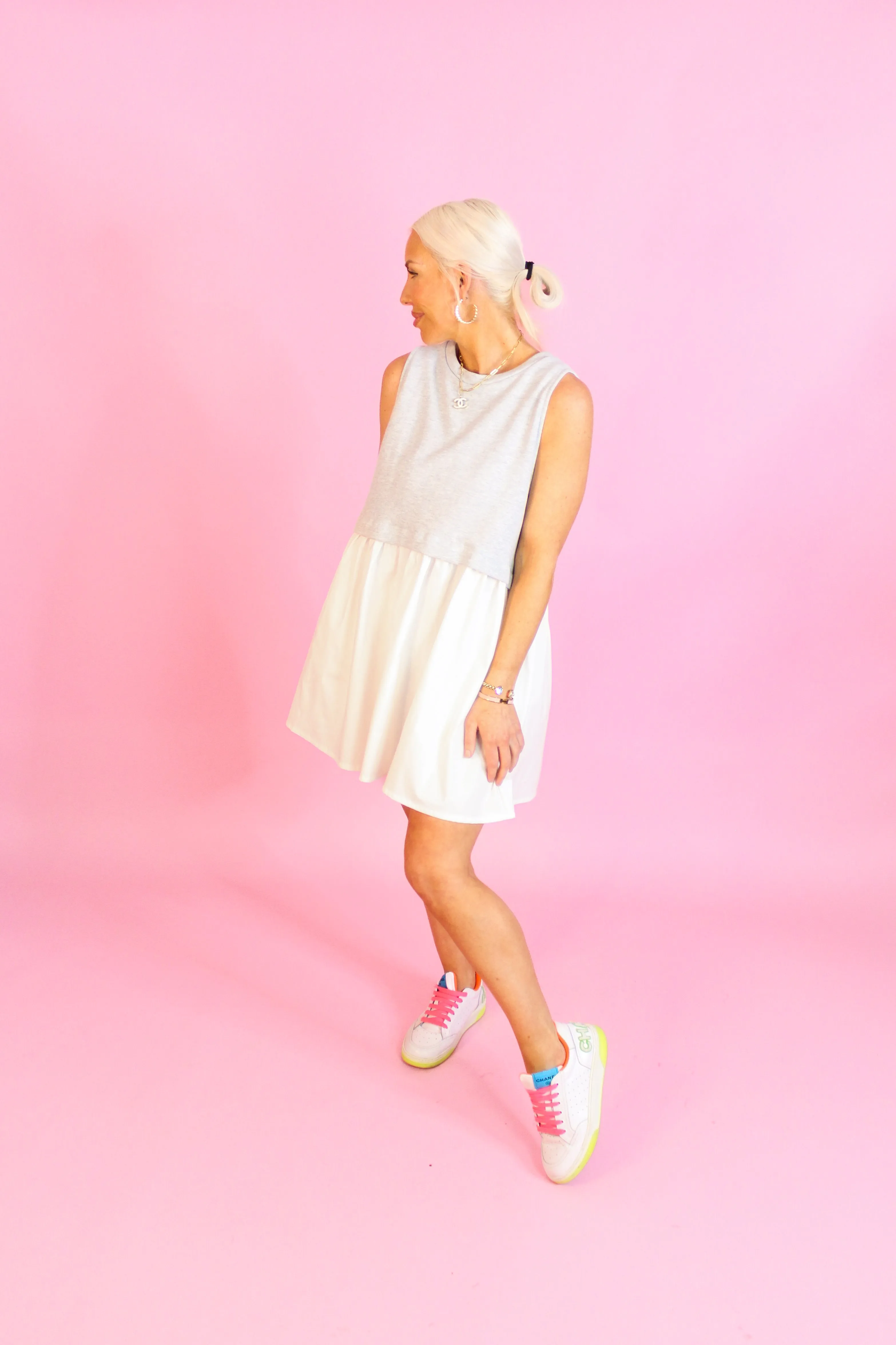 Ellie Gray and White Sleeveless Sweatshirt Top Mini Dress