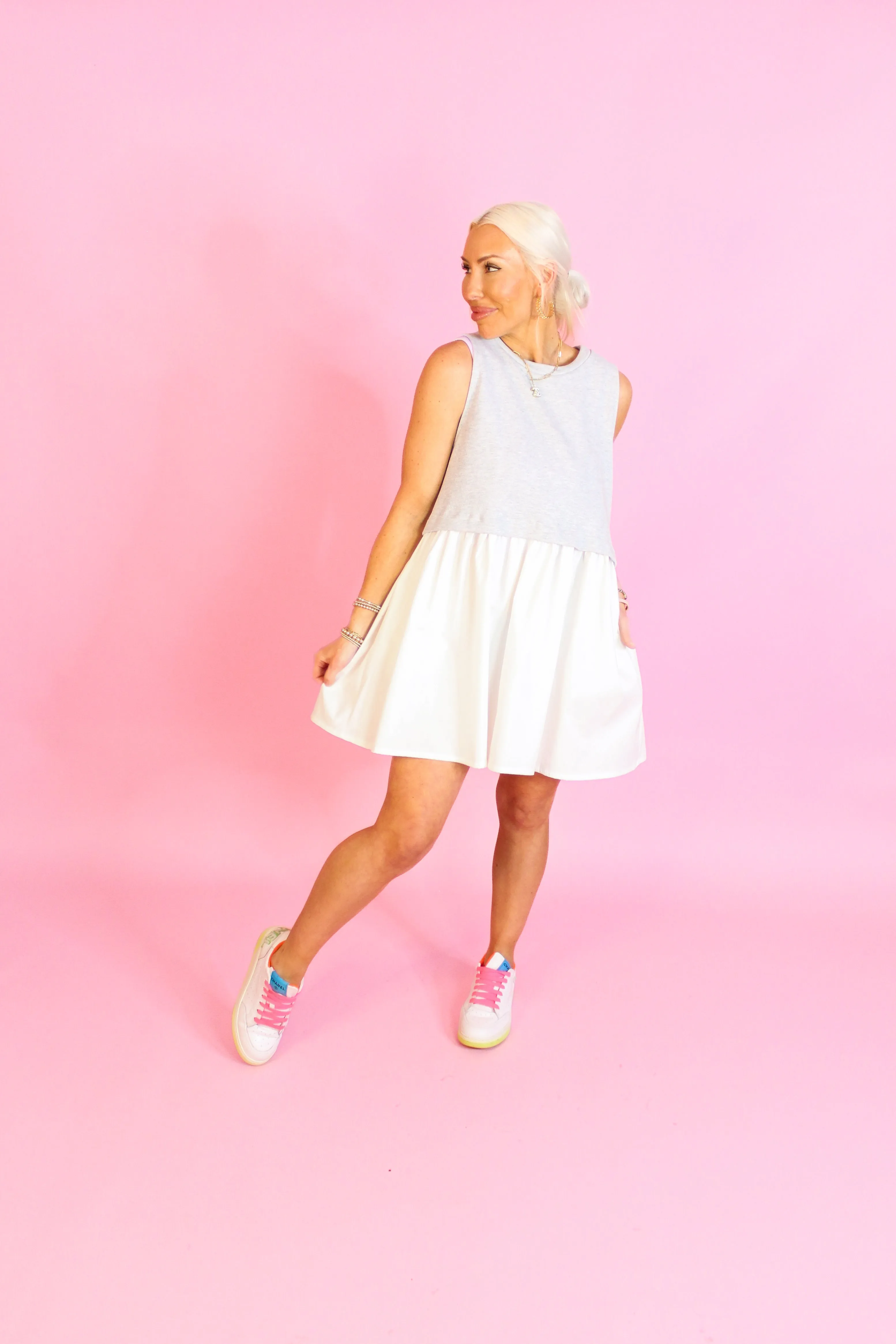 Ellie Gray and White Sleeveless Sweatshirt Top Mini Dress