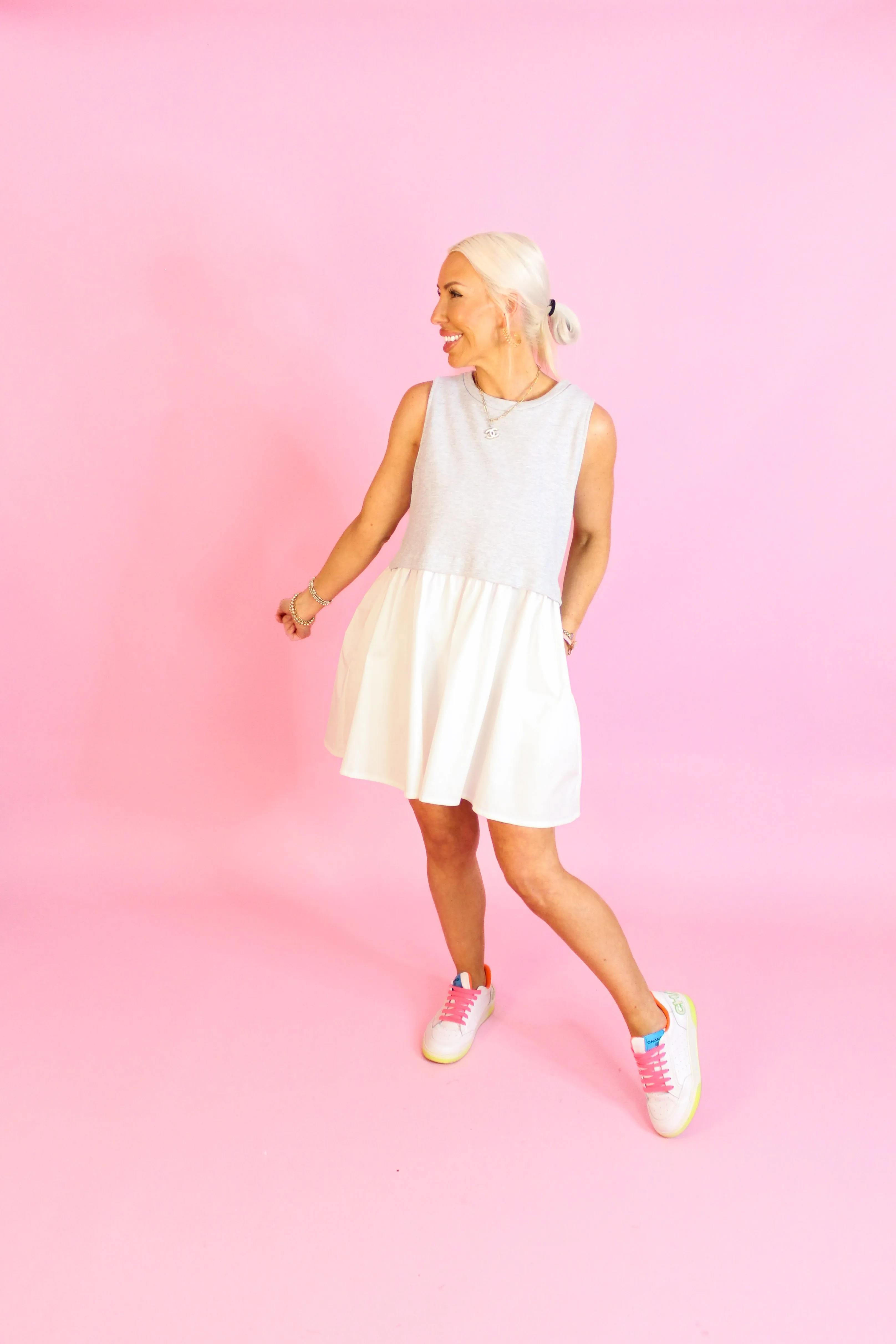 Ellie Gray and White Sleeveless Sweatshirt Top Mini Dress