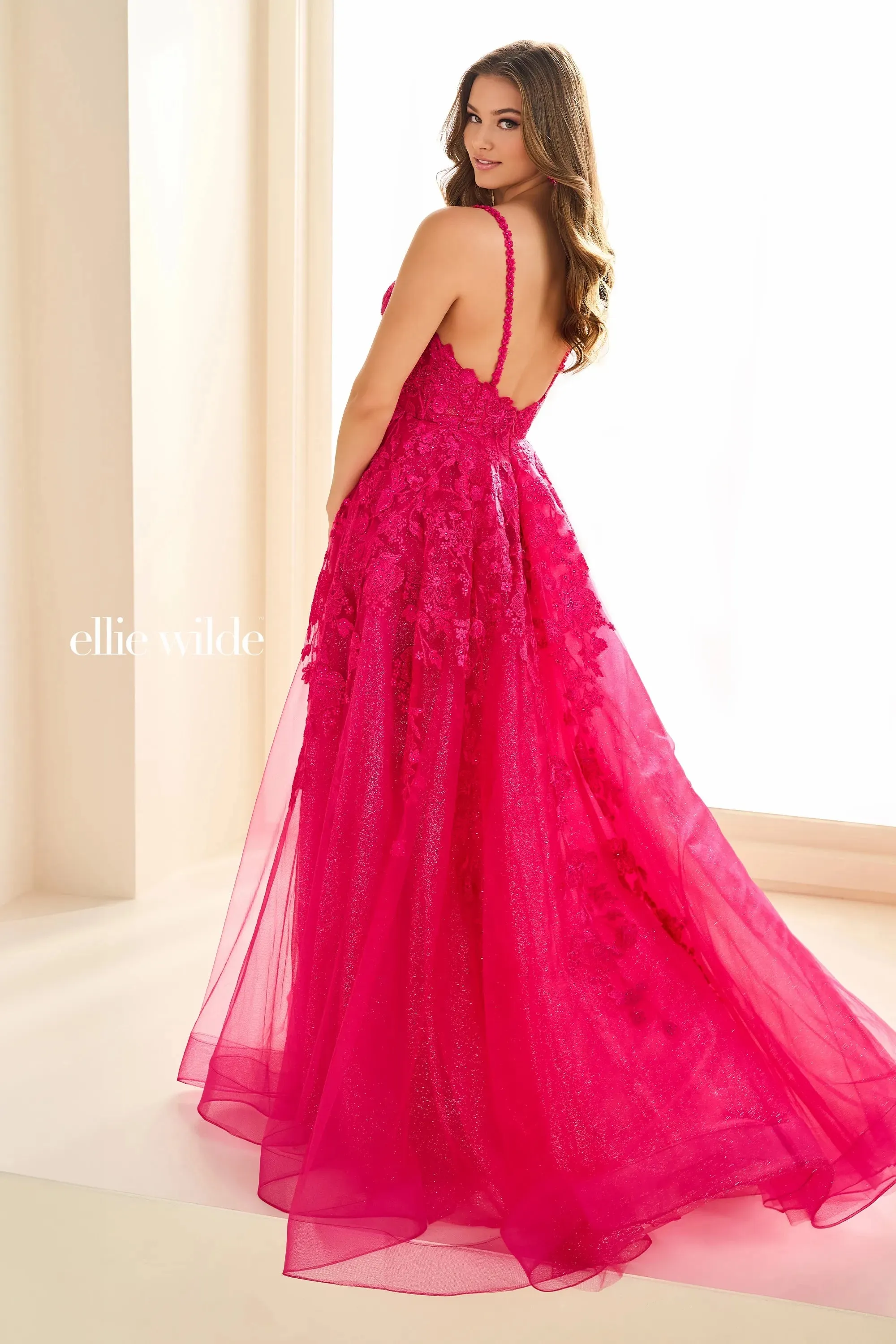 Ellie Wilde EW36015 Size 2 Purple Long sheer lace A Line Prom Dress Shimmer Pageant Gown Formal Ballgown